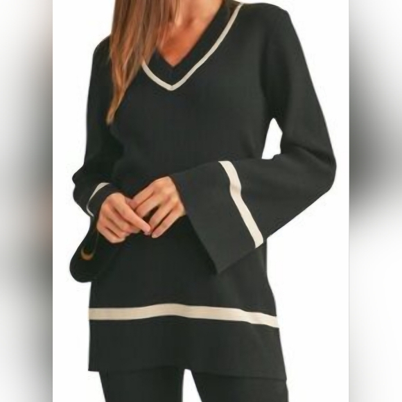 Miou Muse Sweaters - Miou Muse V-neck bell sleeve sweater, typically featuring a black ribbed knit Sm